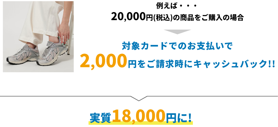 例えば20,000円(税込)の商品をご購入の場合 対象カードでのお支払いで2,000円をご請求時にキャッシュバック!! 実質18,000円に!