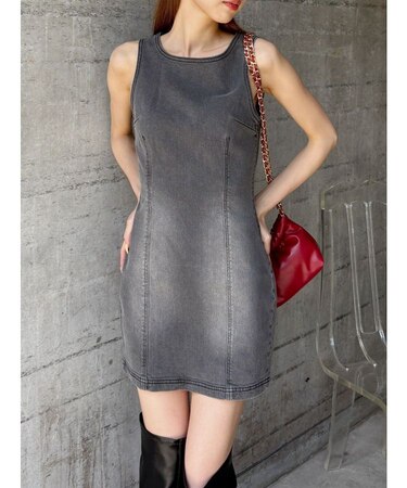 バックリボンオープンデニムミニワンピース