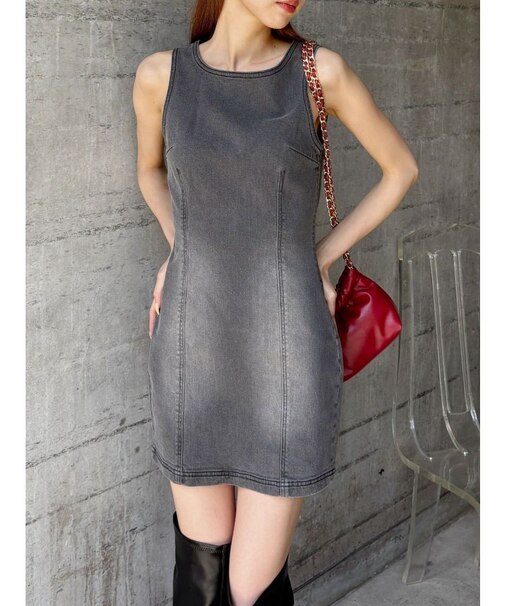 バックリボンオープンデニムミニワンピース