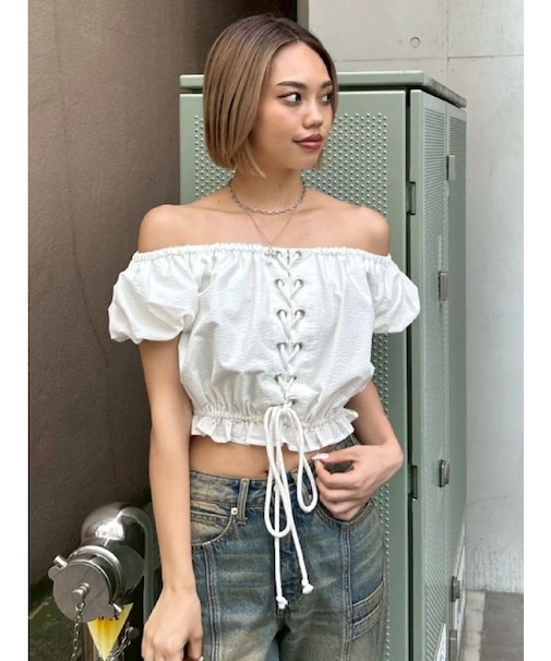 レースアップオフショルトップス