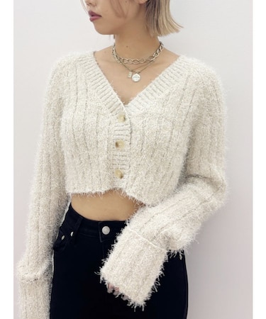 フェザーラメニットショートカーディガン