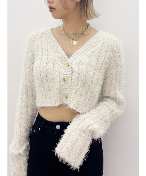 フェザーラメニットショートカーディガン