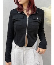 ワンポイントフロントジップポケットリブトップス