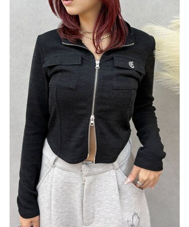 ワンポイントフロントジップポケットリブトップス