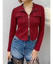 ワンポイントフロントジップポケットリブトップス