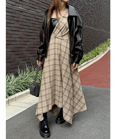 フェイクレザードッキングチェックロングワンピース