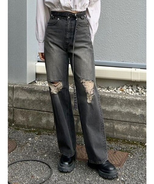 ウエストベルトワイドデニムパンツ