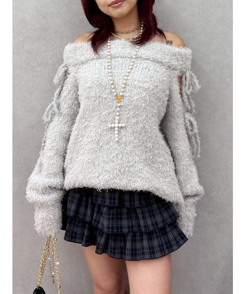 リボンオフショルニットワンピース