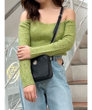 メランジタイトオフショルダーニットトップス