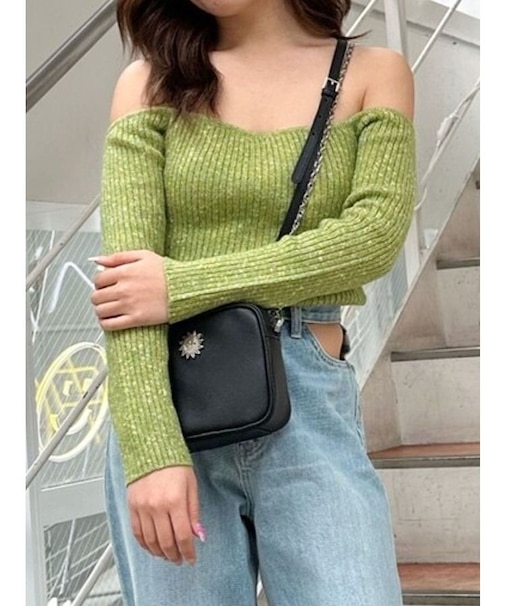 メランジタイトオフショルダーニットトップス