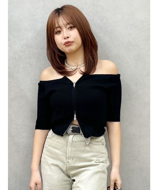 フロントジップハーフスリーブオフショルトップス