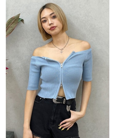 フロントジップハーフスリーブオフショルトップス