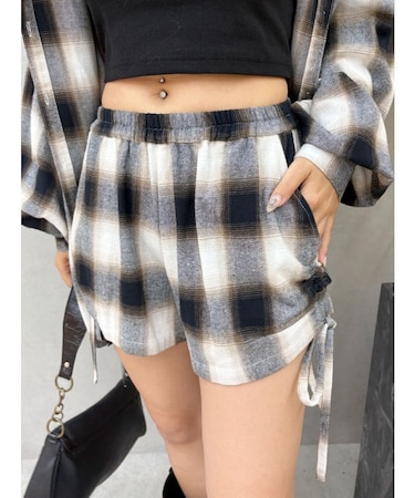 サイドギャザーチェックショートパンツ【セットアップ着用可能】