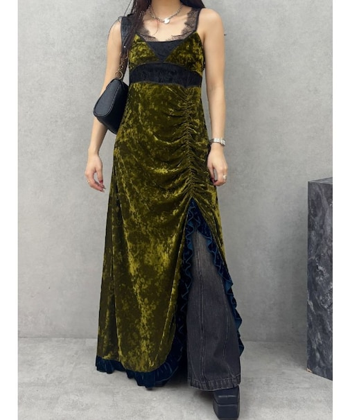 ベロアレースロングワンピース