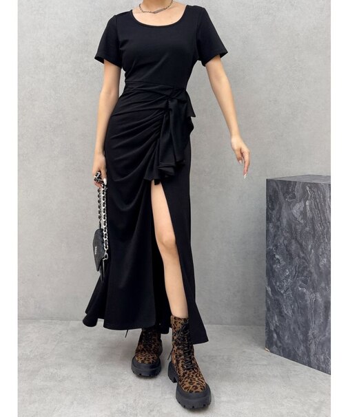 スクエアネックラメカットロングワンピース