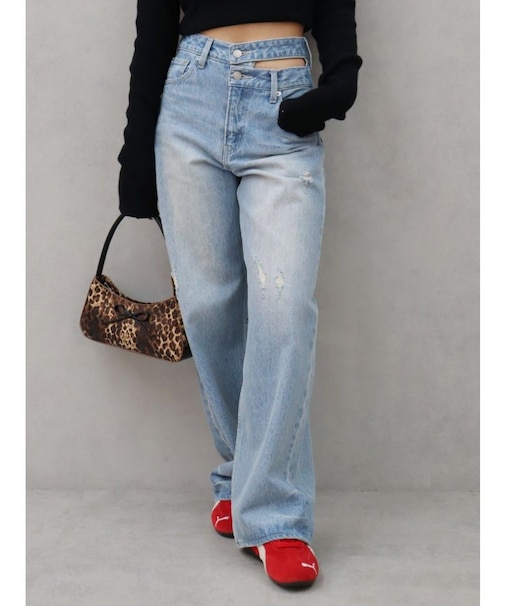 サイドオープンウエストデニムパンツ