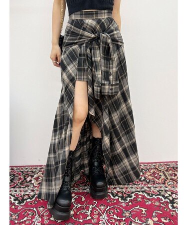 スリーブデザインチェックアシンメトリースカート
