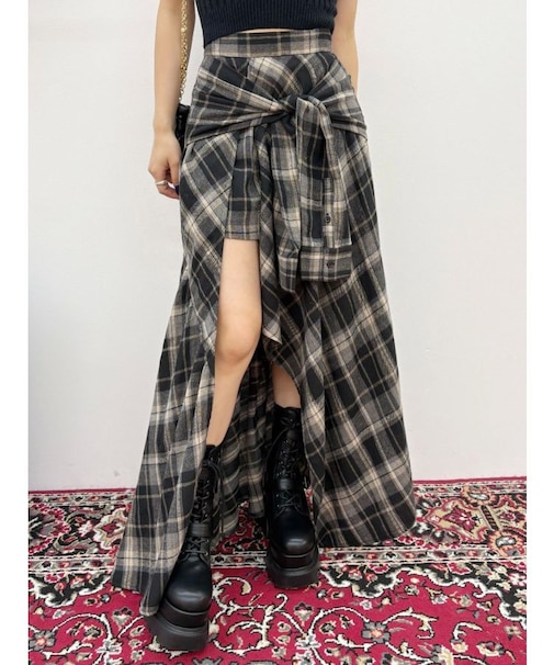 スリーブデザインチェックアシンメトリースカート