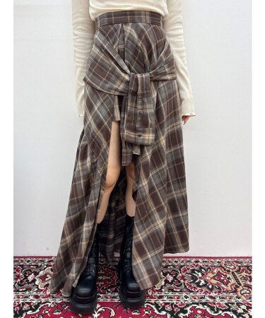 スリーブデザインチェックアシンメトリースカート