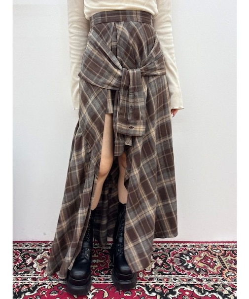スリーブデザインチェックアシンメトリースカート