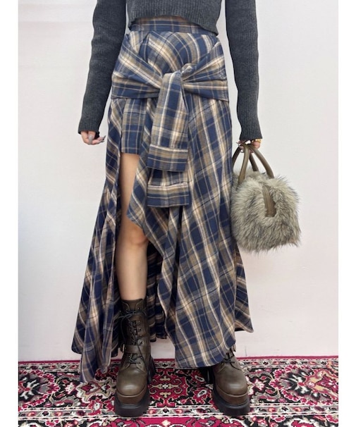 スリーブデザインチェックアシンメトリースカート