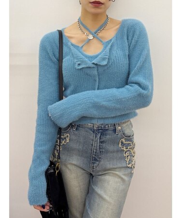 ホルターネックシャギーニットトップス