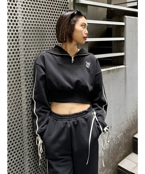 リボンスリーブハーフZIPショートスウェットトップス【セットアップ着用可能】