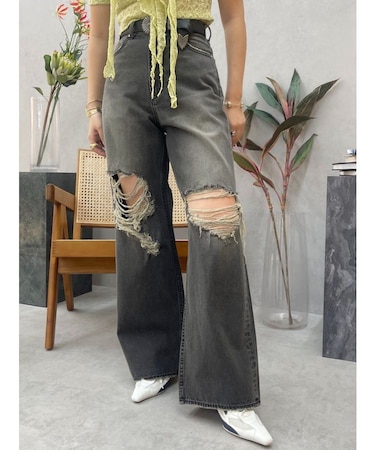 グランジダメージワイドデニムパンツ