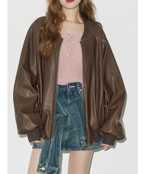 ヴィンテージライクフェイクレザーブルゾン【セットアップ着用可能】