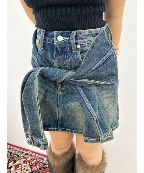 スリーブデザインデニムミニスカート