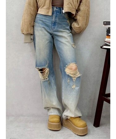 ヴィンテージライクダメージワイドデニムパンツ