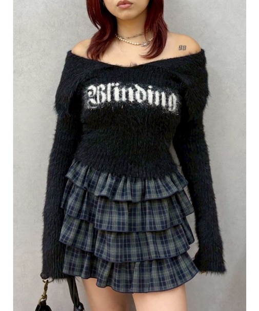 ラメロゴシャギーオフショルニットトップス