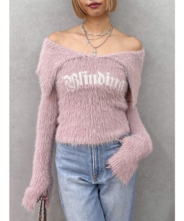 ラメロゴシャギーオフショルニットトップス