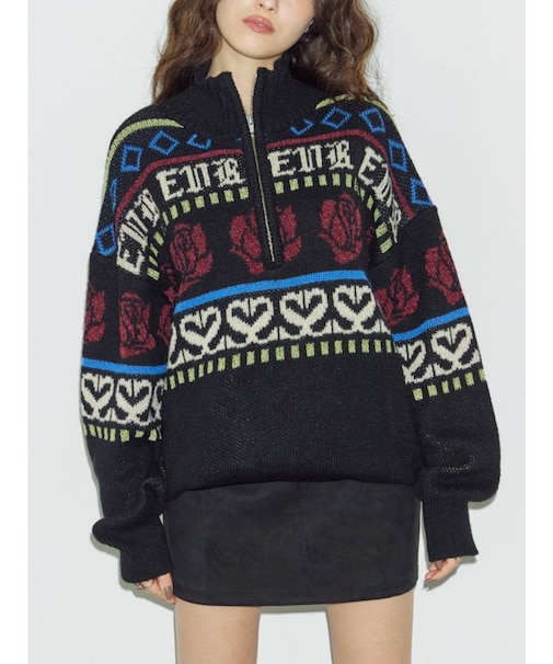 フラワーミックスジャガードニットトップス