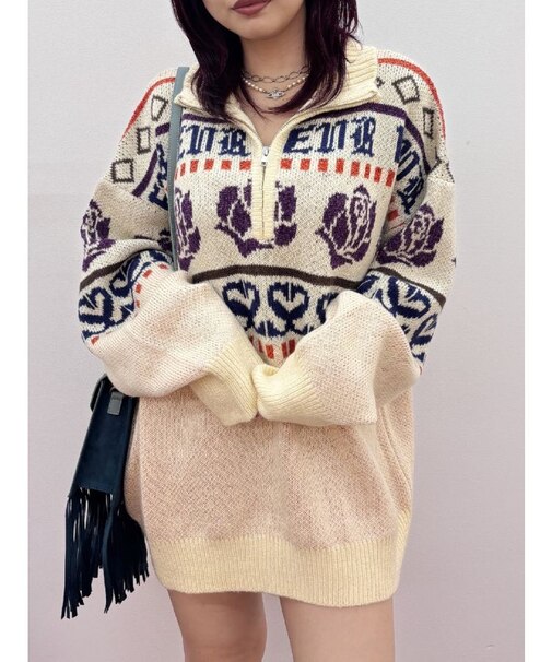 フラワーミックスジャガードニットトップス