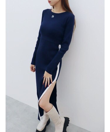 ラインデザインニットロングワンピース