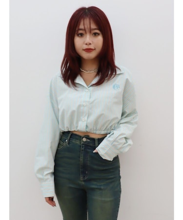 リボンデザインショートストライプシャツ