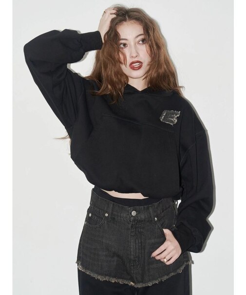 デニムワンポイントバルーンショートフーディ【セットアップ着用可能】