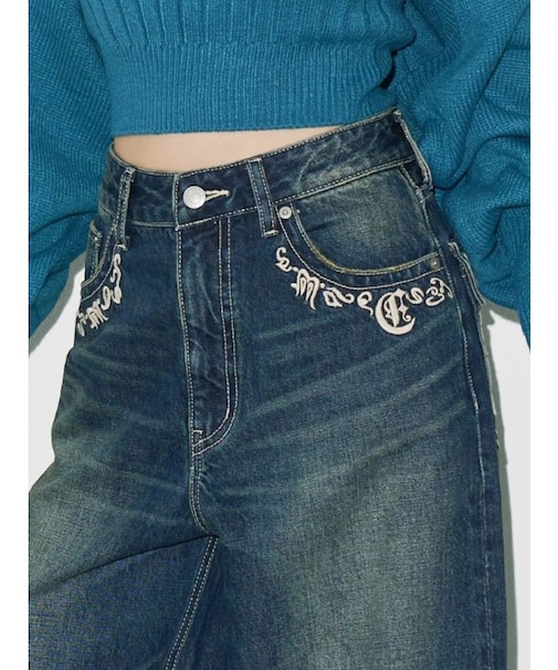 ポケットエンブロイダリーワイドデニムパンツ