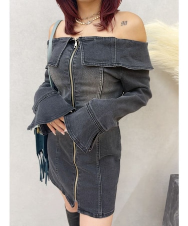 オフショルデニムミニワンピース