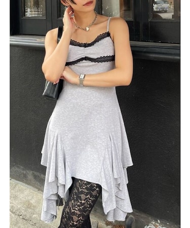 レースドッキングアシンメトリーミニワンピース