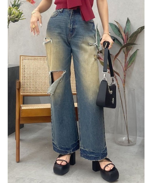 カットアウトワイドデニムパンツ