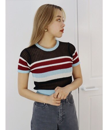 シアーボーダーサマーニットトップス