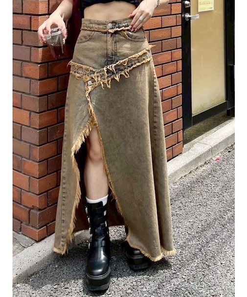 フリンジスリットロングデニムスカート