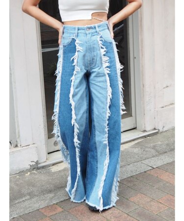 フリンジデザインボリュームワイドデニムパンツ