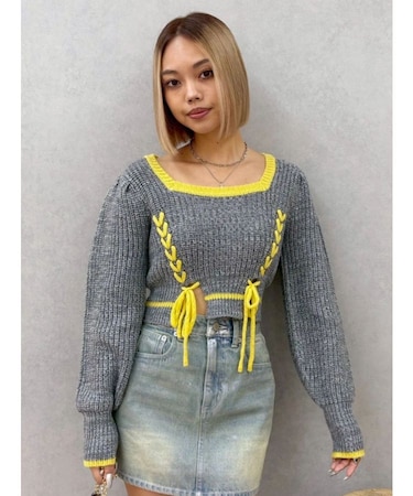 メランジバイカラーショートニットトップス