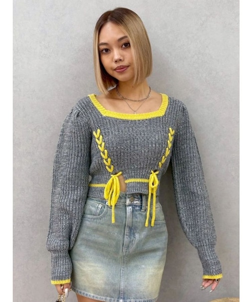 メランジバイカラーショートニットトップス