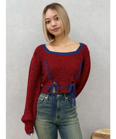 メランジバイカラーショートニットトップス