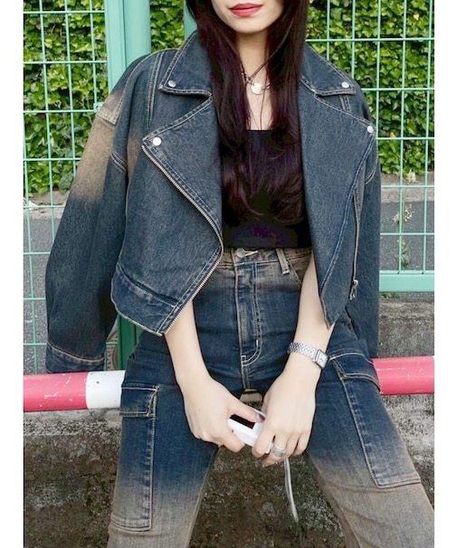 グラデーションデニムショートライダース【セットアップ着用可能】