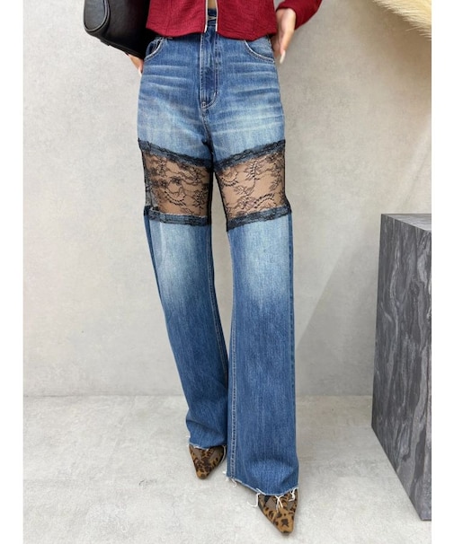レースドッキングワイドデニムパンツ